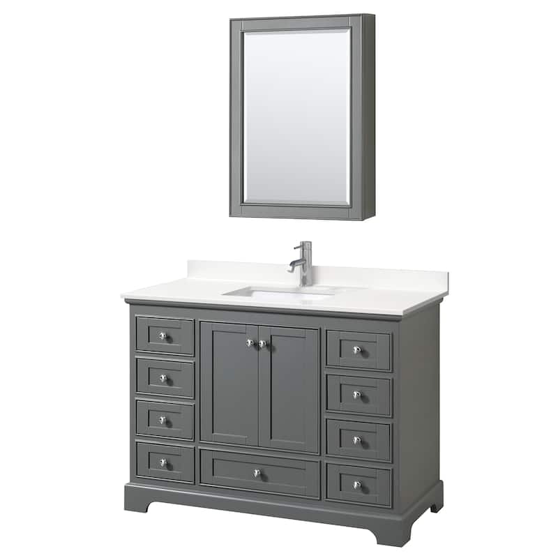 Deborah 48-inch Single Vanity, Quartz Top, Medicine Cabinet - Dark Gray, Chrome Trim, White Quartz Top