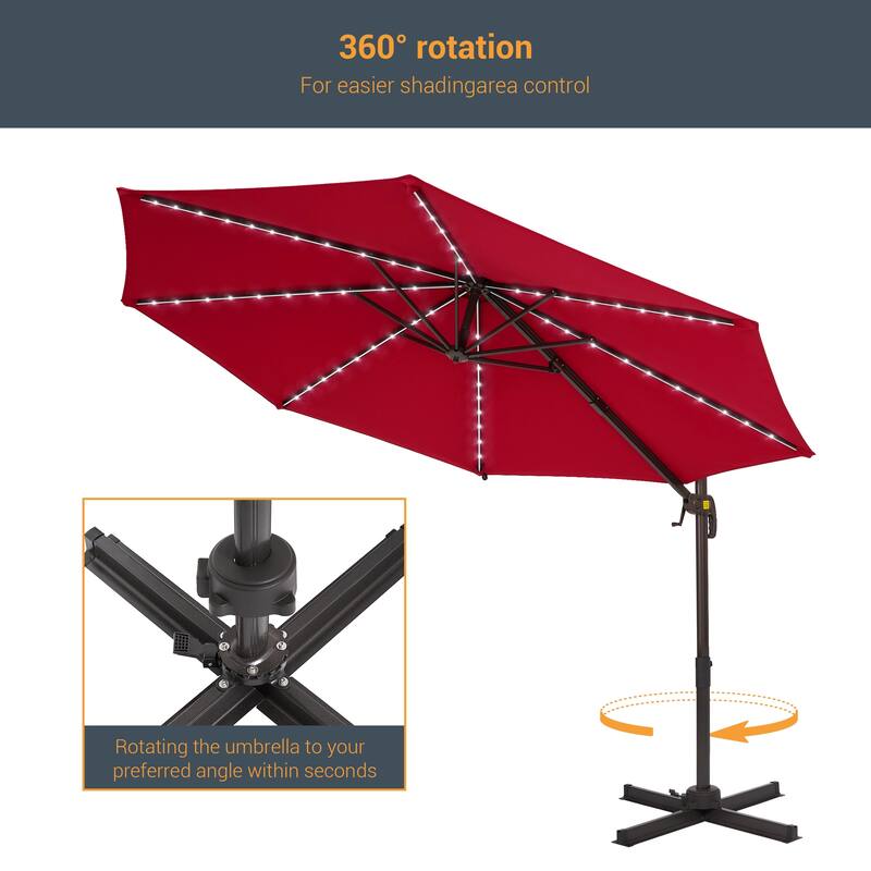 BONOSUKI 10Ft LED Patio Cantilever Offset Umbrella With Cross Base