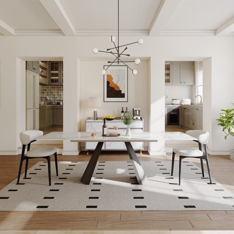 63-95" Extendable Modern Dining Table for 6-10, White Glossy Sintered Stone Tabletop