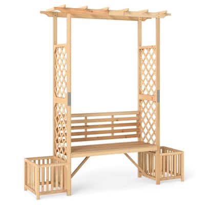 Natural Fir Wood Garden Arbor Bench with Trellis Planter Boxes - 73" x 22" x 80"