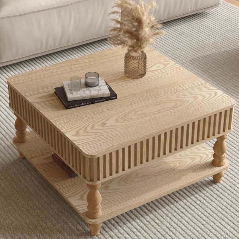 31.5 Inch Square Fluted Lift-Top Coffee Table with Hidden & Open Storage