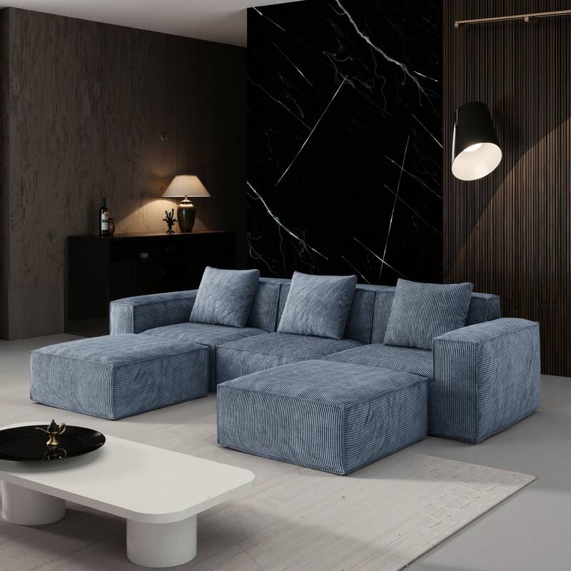 118Inch Modular Soft Corduroy Cloud Velvet Fabric Sofa with Two Footrests