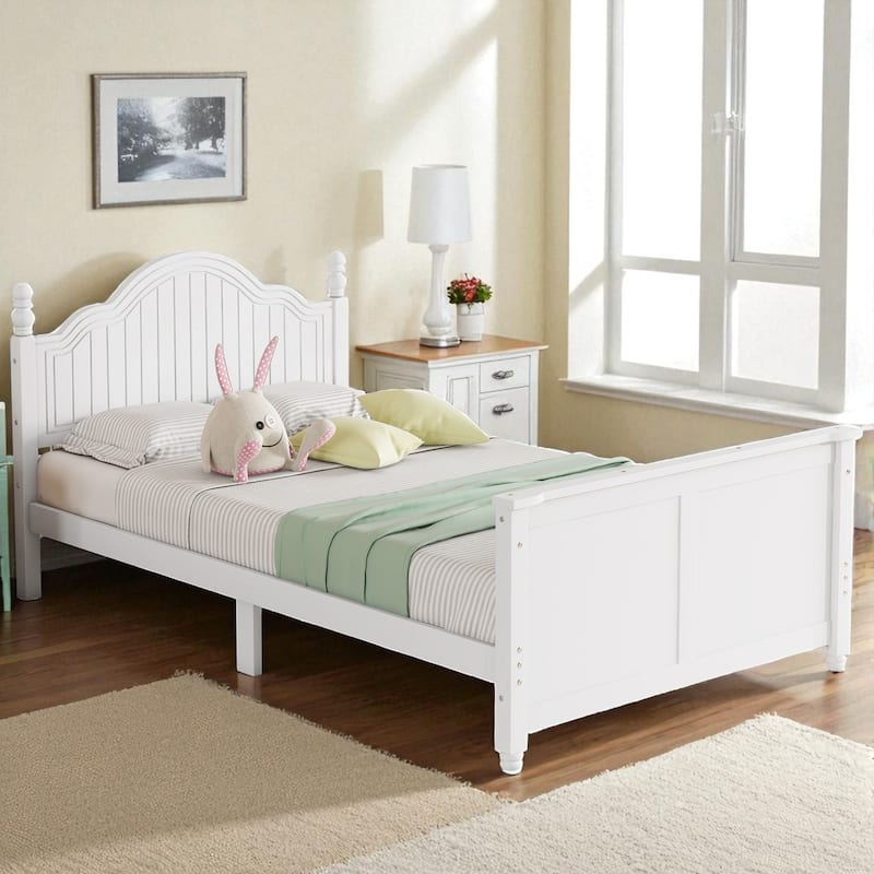 Twin/Full Size Wooden Kids Bed with Headboard, Footboard, Guardrails and Storage, Platform Bed Frame - White - Twin