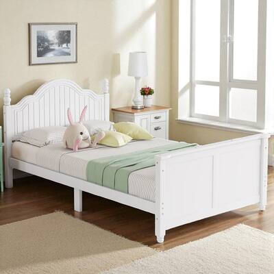 Twin/Full Size Wooden Kids Bed with Headboard, Footboard, Guardrails and Storage, Platform Bed Frame