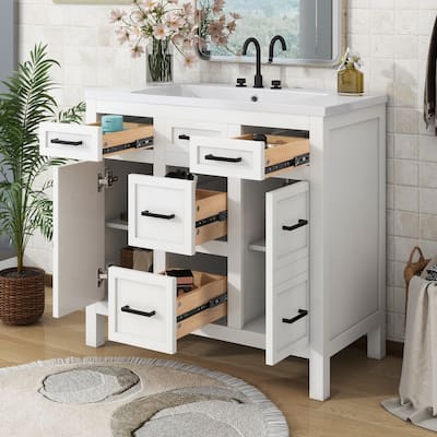 36-inch Free-standing Bathroom Vanity with Resin Undermount Sink, 4 Drawers, 2 Doors, Adjustable Storage Shelves