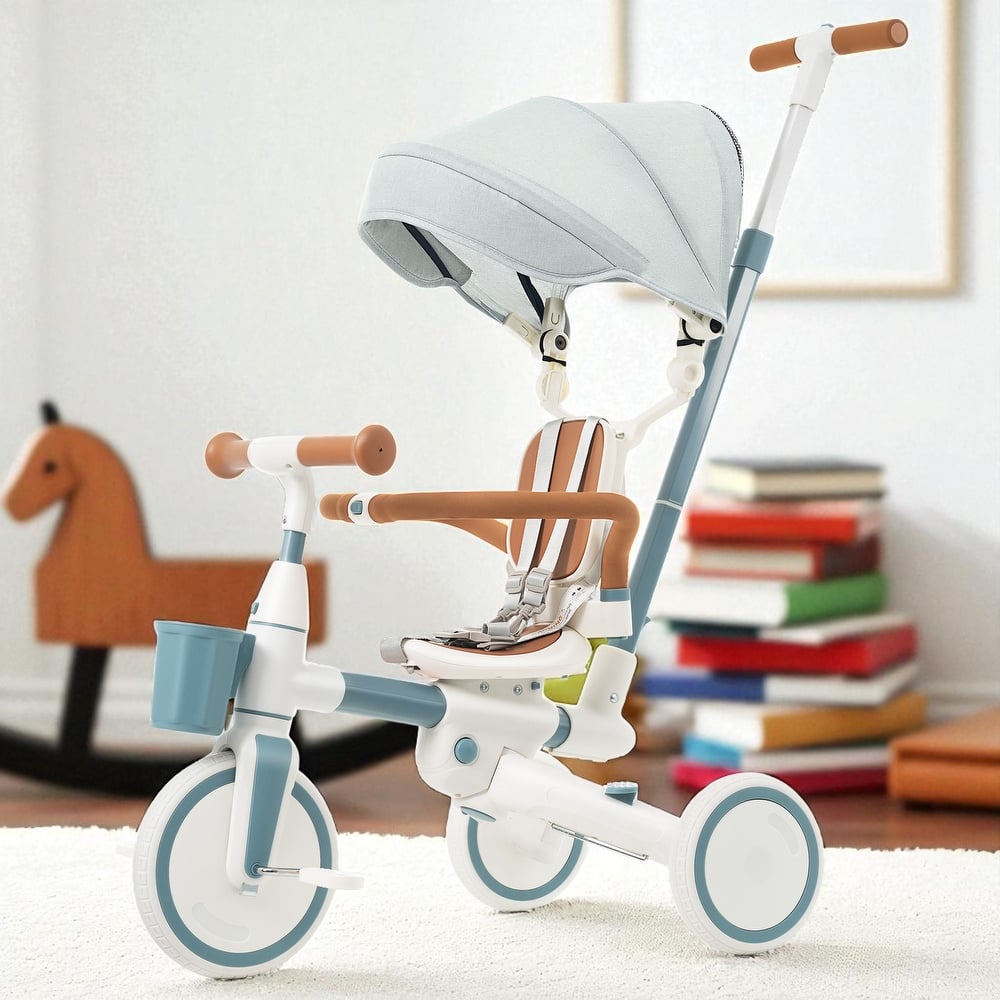 7-in-1 Baby Tricycle with Rotating Seat, Toddler Push Trike with Adjustable Handle, Canopy & Guardrail, Ages 18-72 Months
