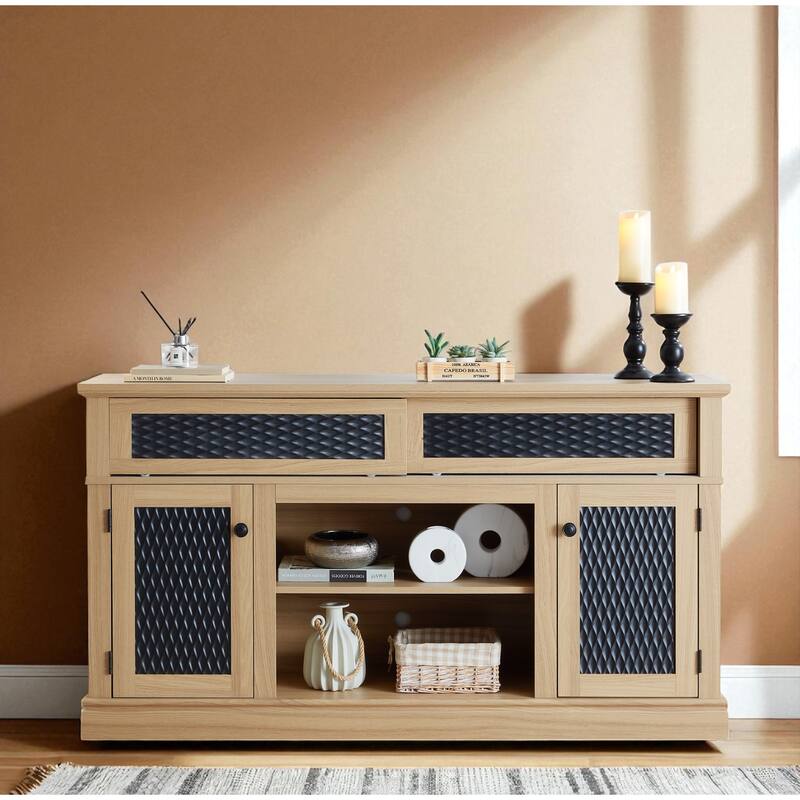 58.27" Embossed Pattern TV Stand for TVs up to 65", Sliding Door Media Console with Cabinets, Open Shelf, 8 Cable Cutouts - Light Oak