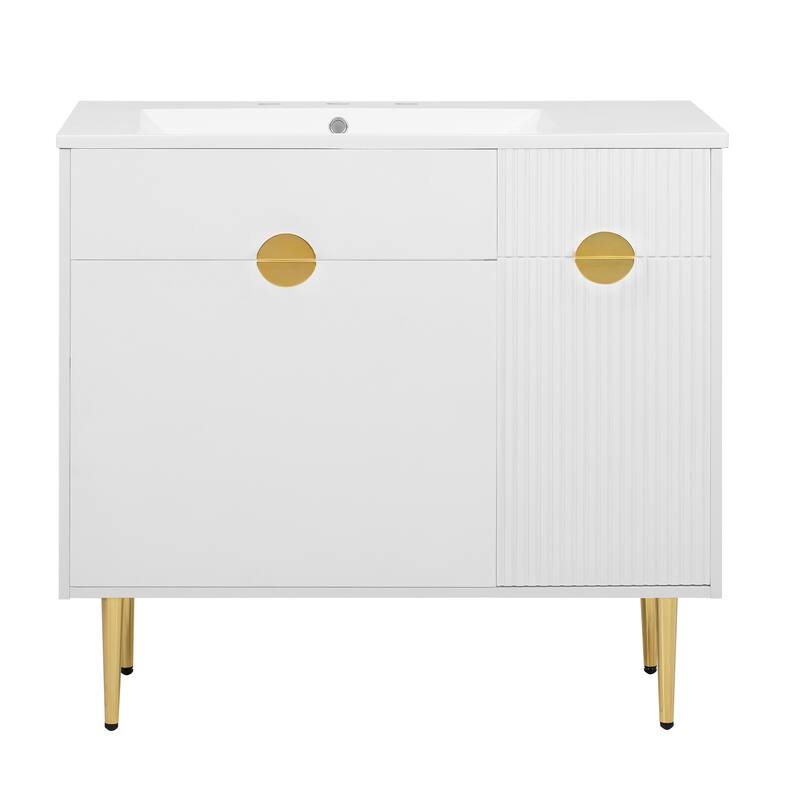 36" Modern Bathroom Vanity - Resin Basin Sink Cabinet with Soft-Closing & Drop-Down Doors
