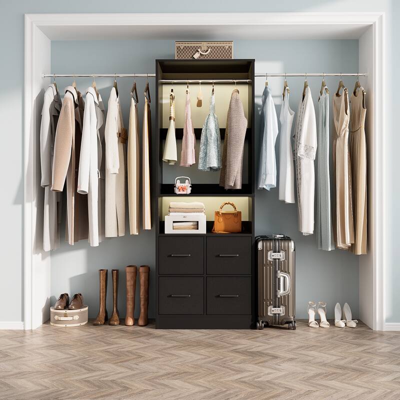 Rackcog 103'' Closet Organizer with 4 Cubes, Closet System with Fabric Drawers and 3 Hanging Rods - Black