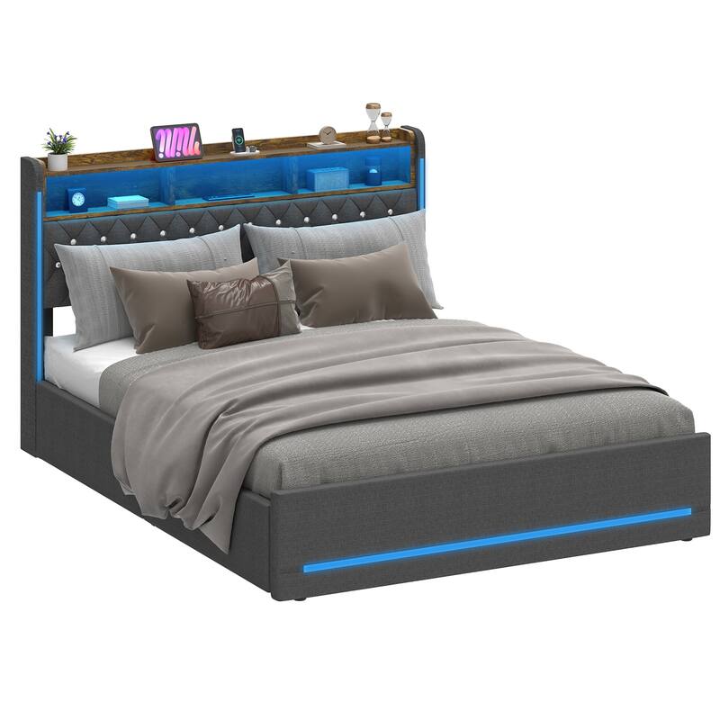 Moasis Queen Bed Frame with Headboard & 4 Storage Drawers, Modern Upholstered Faux Leather Platform Bed
