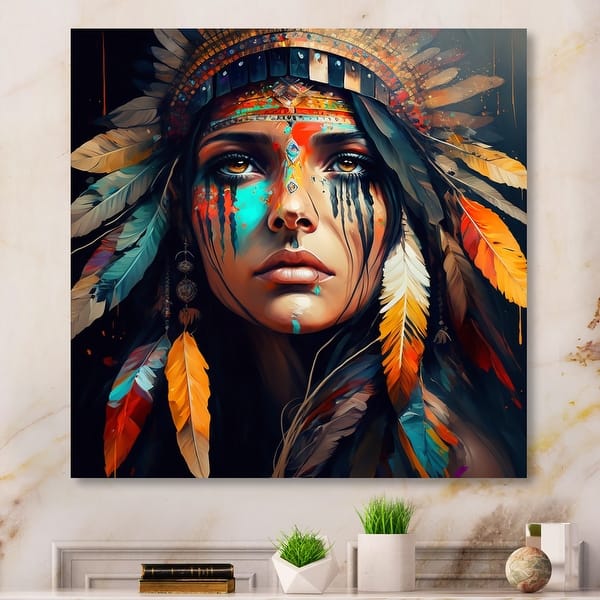 slide 2 of 7, Designart 'Colorful Native American Woman III' Contemporary Glam Canvas Wall Art