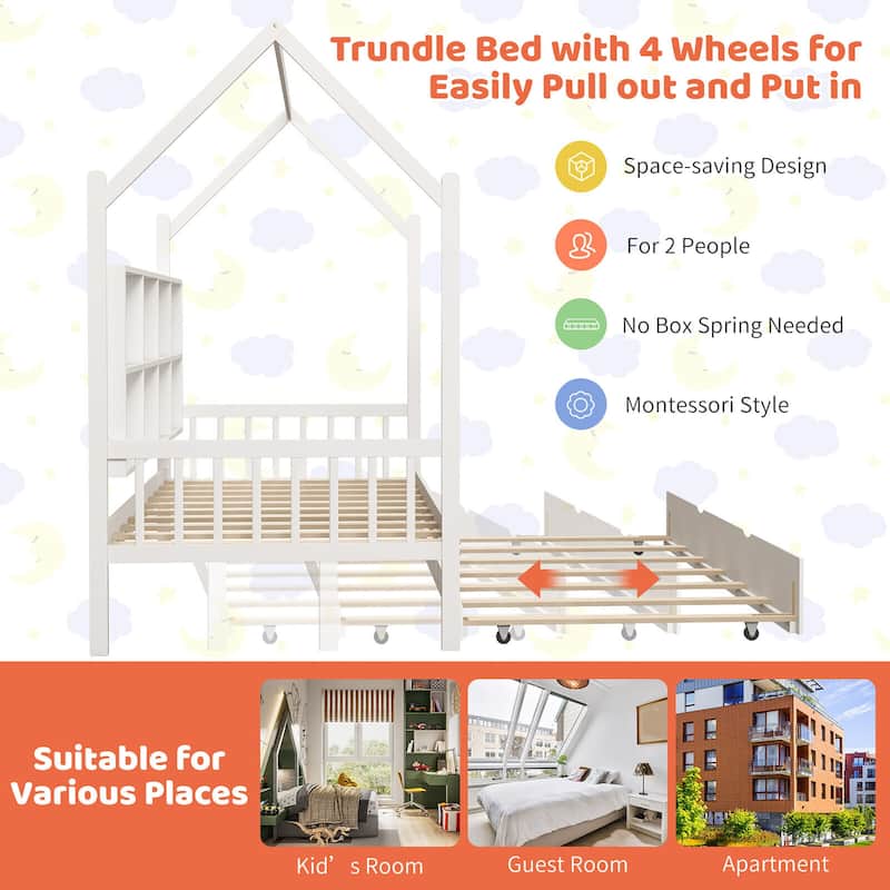 Gymax Twin House Daybed with Trundle Wooden Bed 8 Storage Shelf