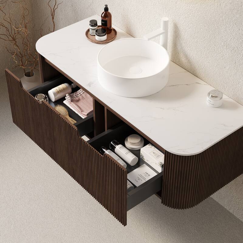 GDFStudio - Dina Modern 48" Floating Bathroom Vanity with Striped Curved Drawers & White Round Ceramic Basin, WITHOUT Faucet - Dark Walnut