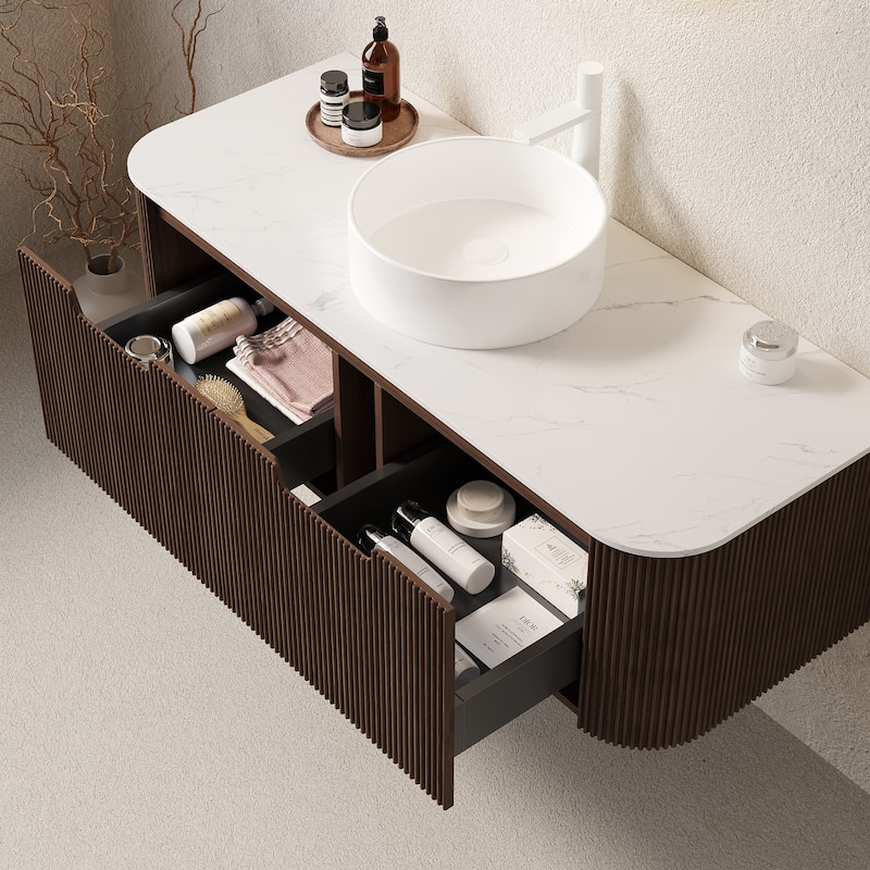 GDFStudio - Dina Modern 48" Floating Bathroom Vanity with Striped Curved Drawers & White Round Ceramic Basin, WITHOUT Faucet