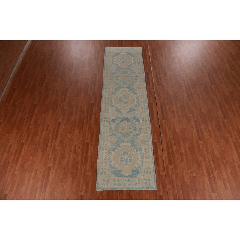 Hand Knotted Oriental 100% Wool Carpet Transitional Geometric Navy Blue & Blues Oushak Runner Rug - 13' 1'' X 3' 6''