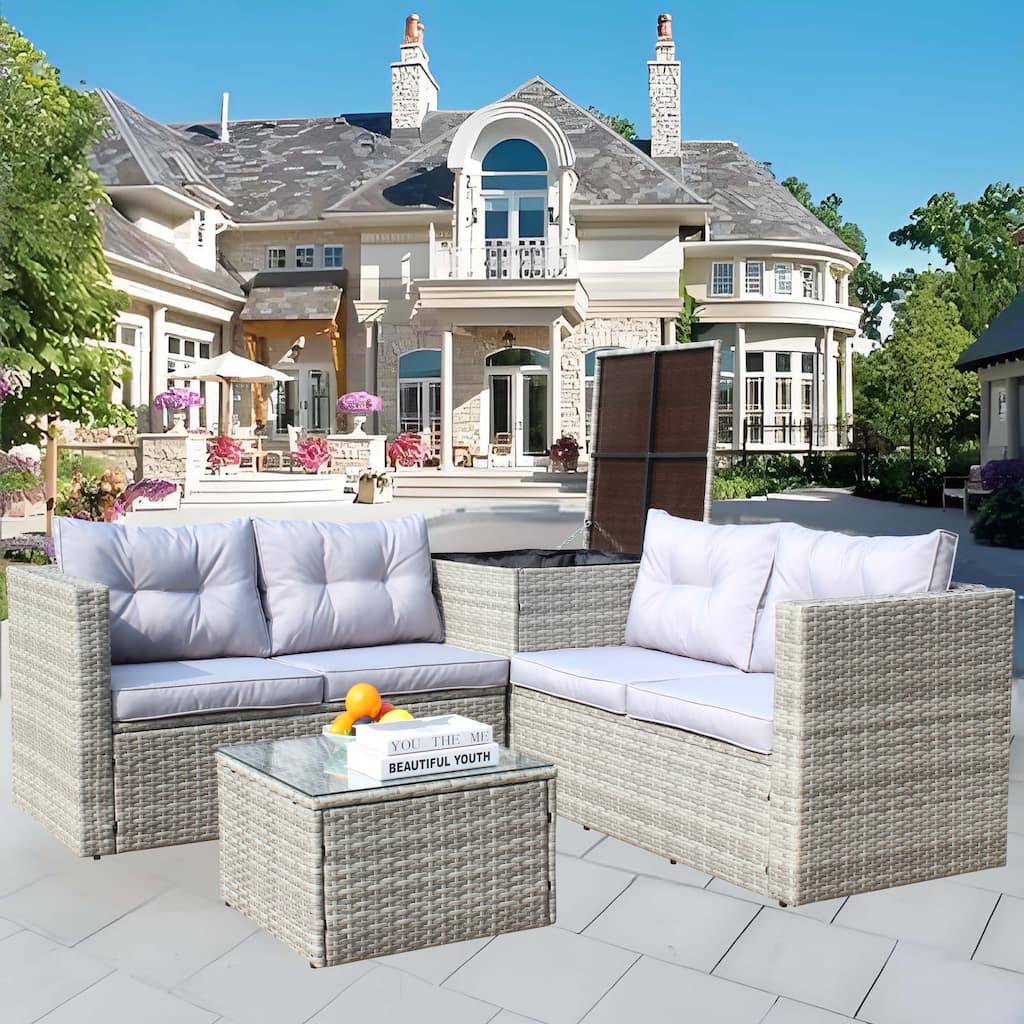 4 Pcs Patio Furniture Set, All Weather Outdoor Conversation Set, Wicker Rattan Sectional Sofa Set with Storage Box and Table