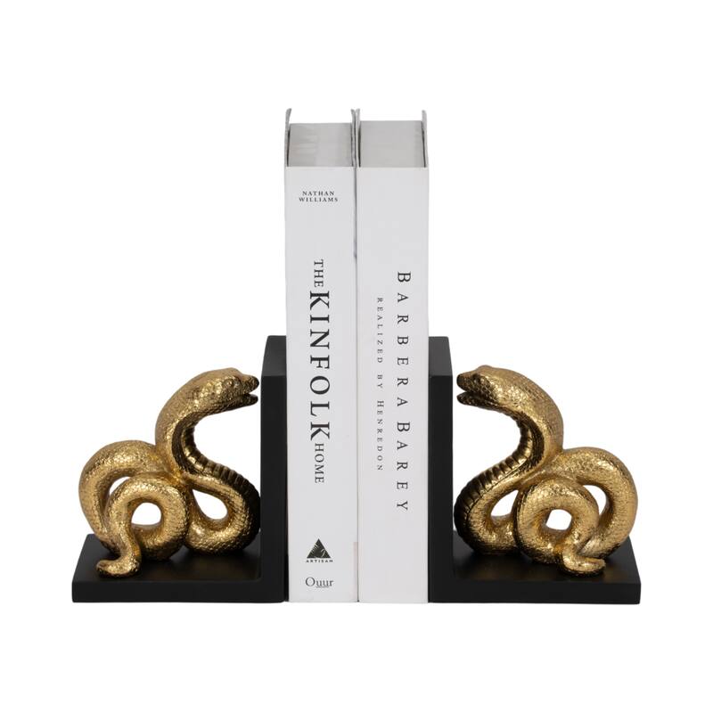 Modern Resin Snake Bookends on L-Shape Base - 6", Black & Gold - 5.75"