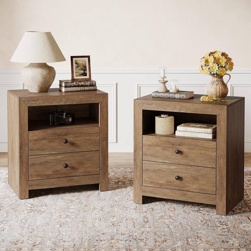2 Drawers Nightstand with Open Storage Shelf for Bedroom - 4-drawer