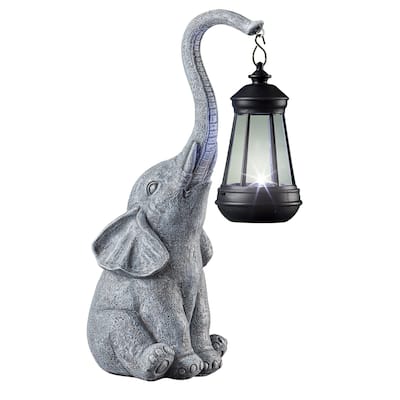 Hand-Painted Stone-Like Elephant with Solar Powered Lantern - 16.000 x 8.120 x 6.500