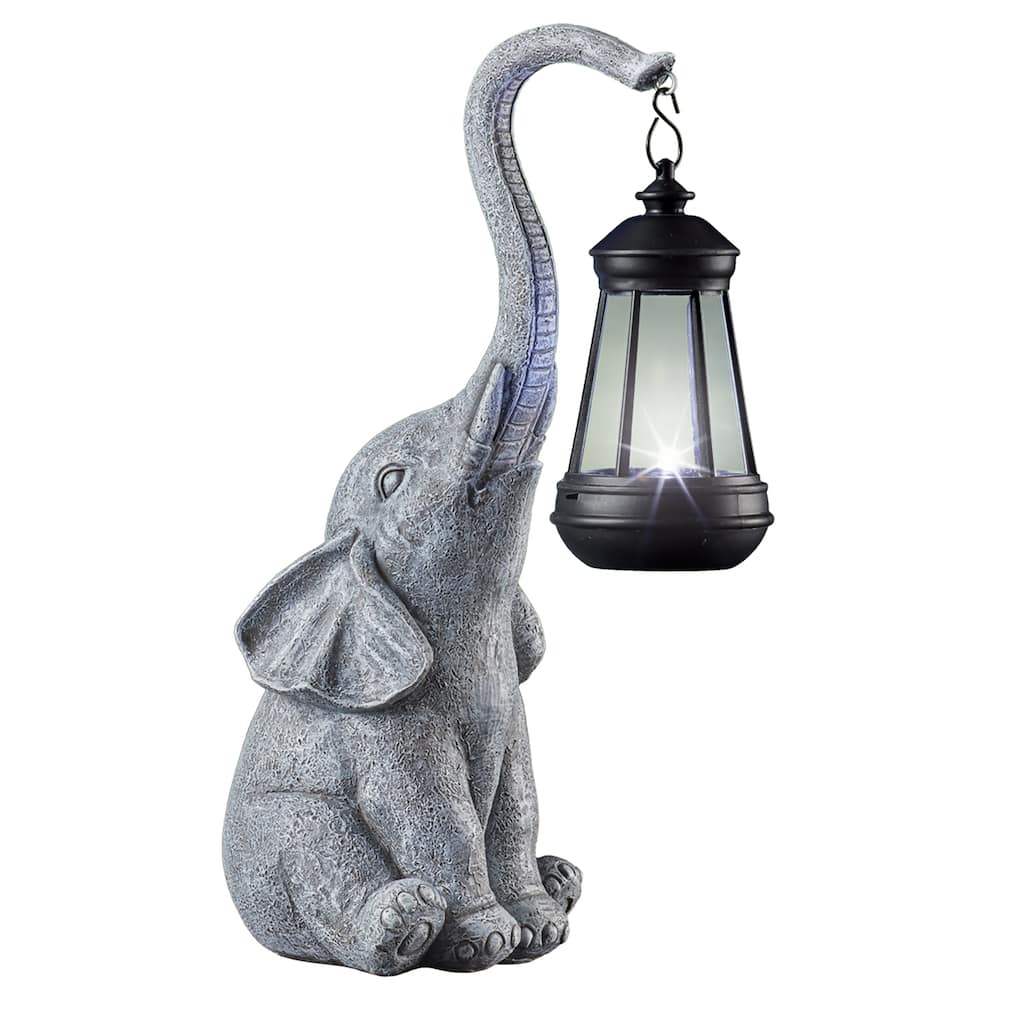 Hand-Painted Stone-Like Elephant with Solar Powered Lantern - 16.000 x 8.120 x 6.500