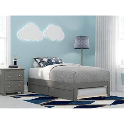 Twin Bed with Trundle & USB Charger - Grey Retro Style Platform Bed Frame, Strong Slats, Space Saving