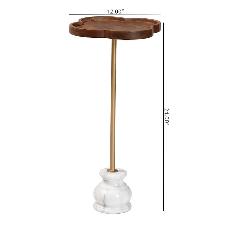 Gezana Drink Table with Marble Base - Compact Pedestal Accent Table with Clover Tray Top for Living Room or Sofa Side