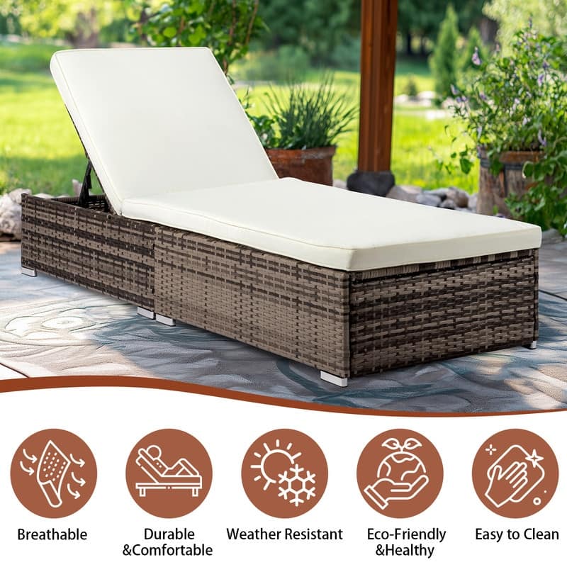 Outdoor Wicker Single Chaise Lounge with Cushion