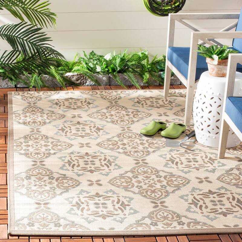 SAFAVIEH Courtyard Ragnhild Indoor/ Outdoor Waterproof Patio Backyard Rug - 6'7" x 9'6" - Beige/Dark Beig