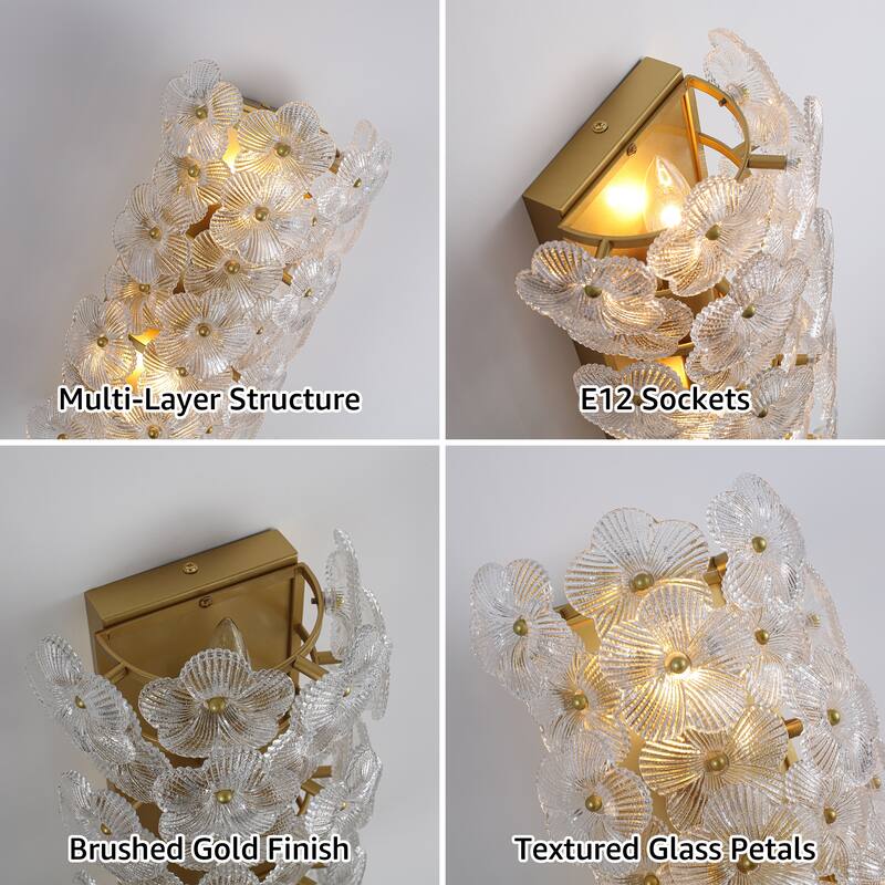 Starsky 2-Light Gold Floral Glass Wall Sconce ,Decorative Wall Lamp with Textured Glass Shade for Indoor Spaces