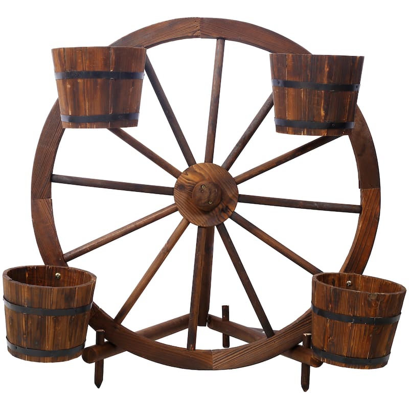Wood wagon wheel barrel planter, Wagon Wheel Barrel Planter Display