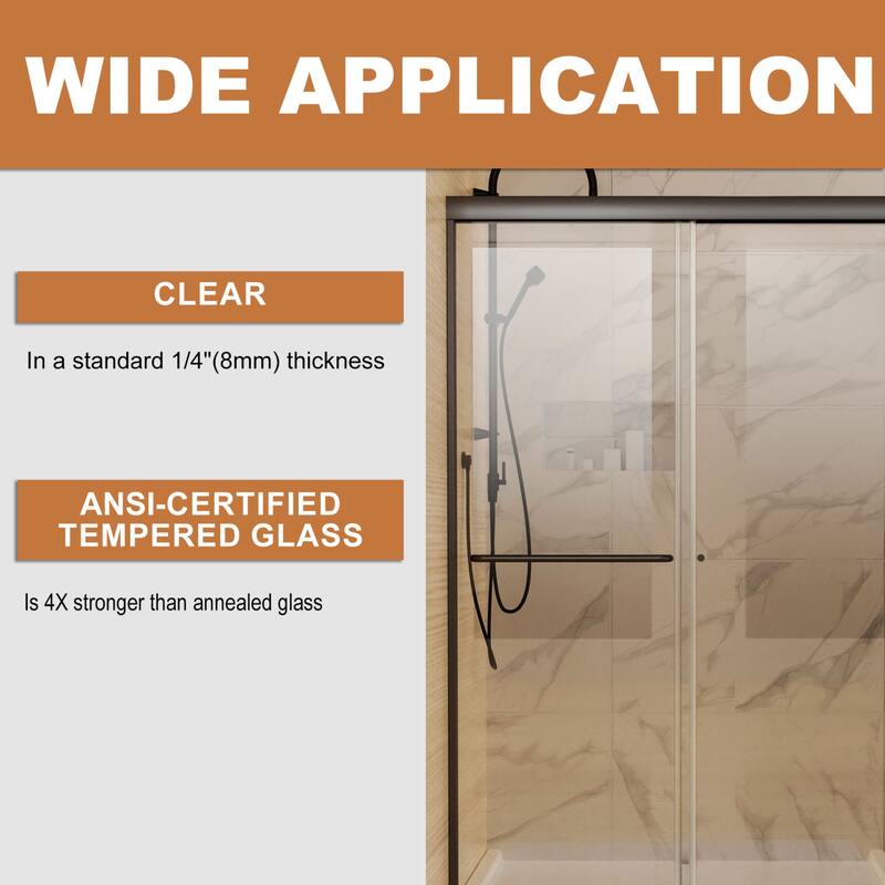 48'' x 72'' Glass Semi-Frameless Double Sliding Shower Tub Door in Matte Black/Brushed Nickel