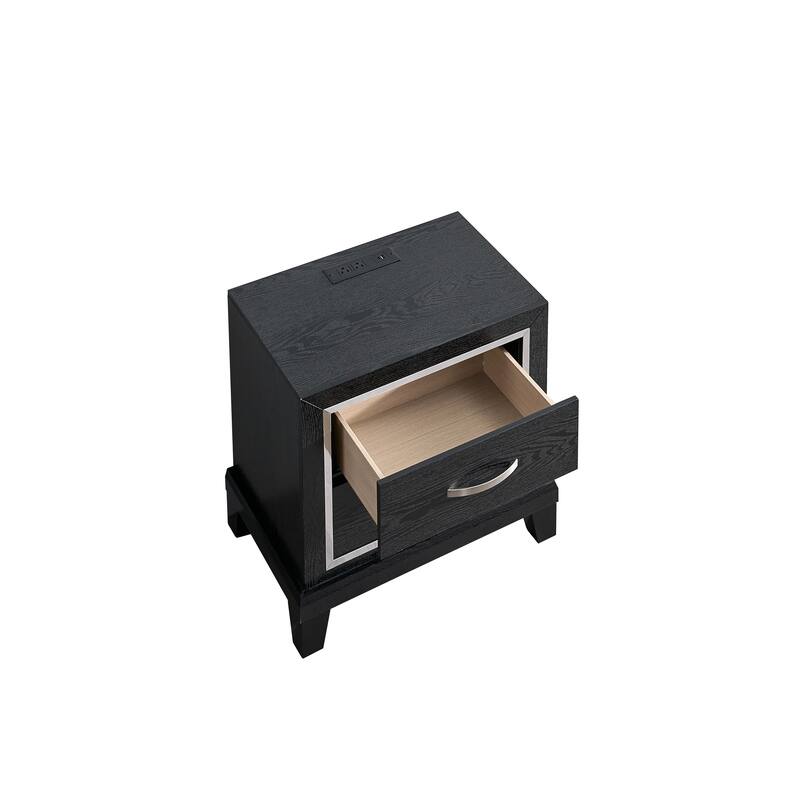 2 Drawer Nightstand with AC and USB Outlets, Black Finish