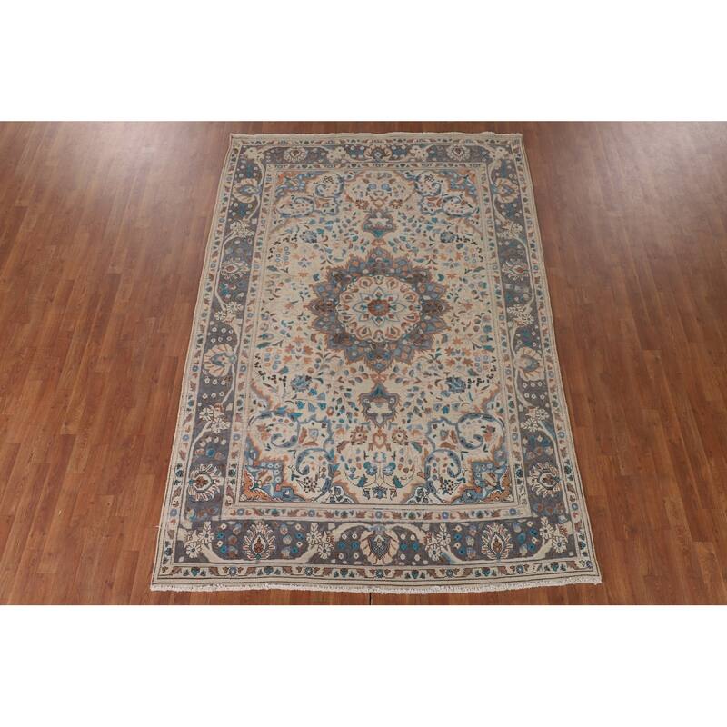 Ivory Floral Tabriz Persian Vintage Rug Handmade Wool Carpet - 6'4"x 9'6"