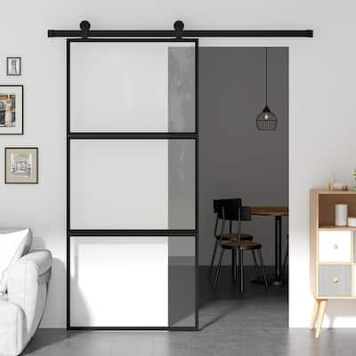 Mixoy Glass Sliding Barn Door and Hardware Included- Clear Tempered Glass,Aluminum Frame,Pre-Drilled,Soft Close
