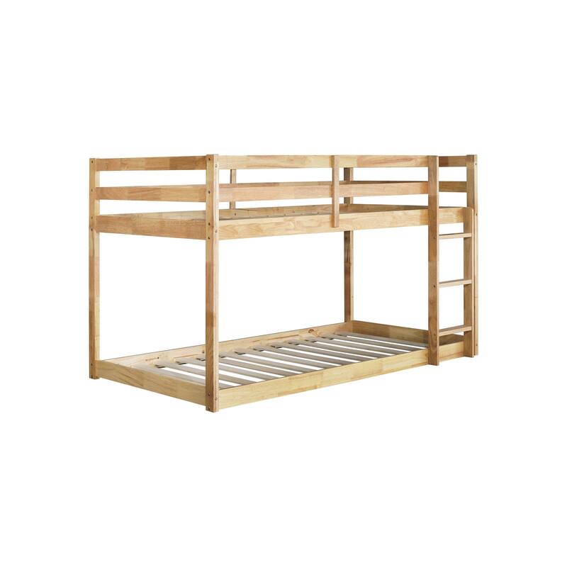 Wooden Twin over Twin Floor Bunk Bed with Ladder ,Upper and Bottom Bed Platforms