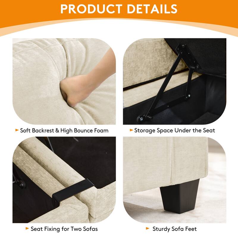 4-Seater Chenille Storage Sofa with Cup Holders