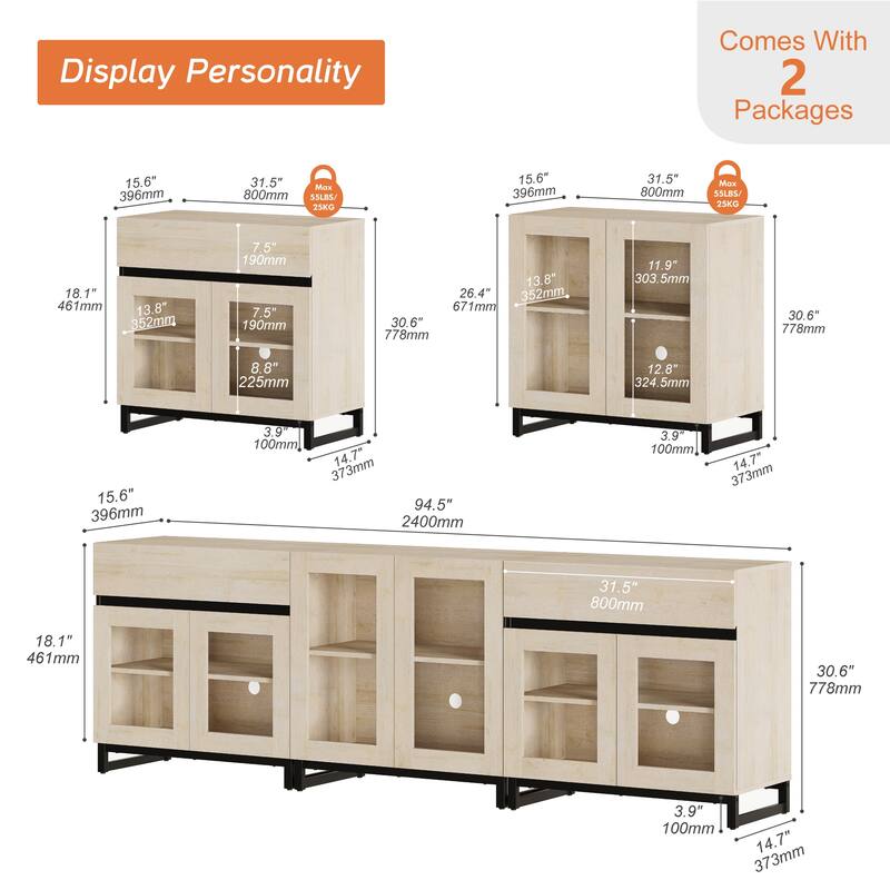 WAMPAT Dresser with Glass Doors, 3 in 1 Modern Chest of Drawers with Adjustable Shelves and 2 Drawers for Bedroom