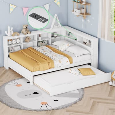 Wooden Twin/Full Size DayBed with Twin Size Trundle, Day Bedframe Sofa Bed with L-Shaped Bookcase Headboard & USB Charging Ports