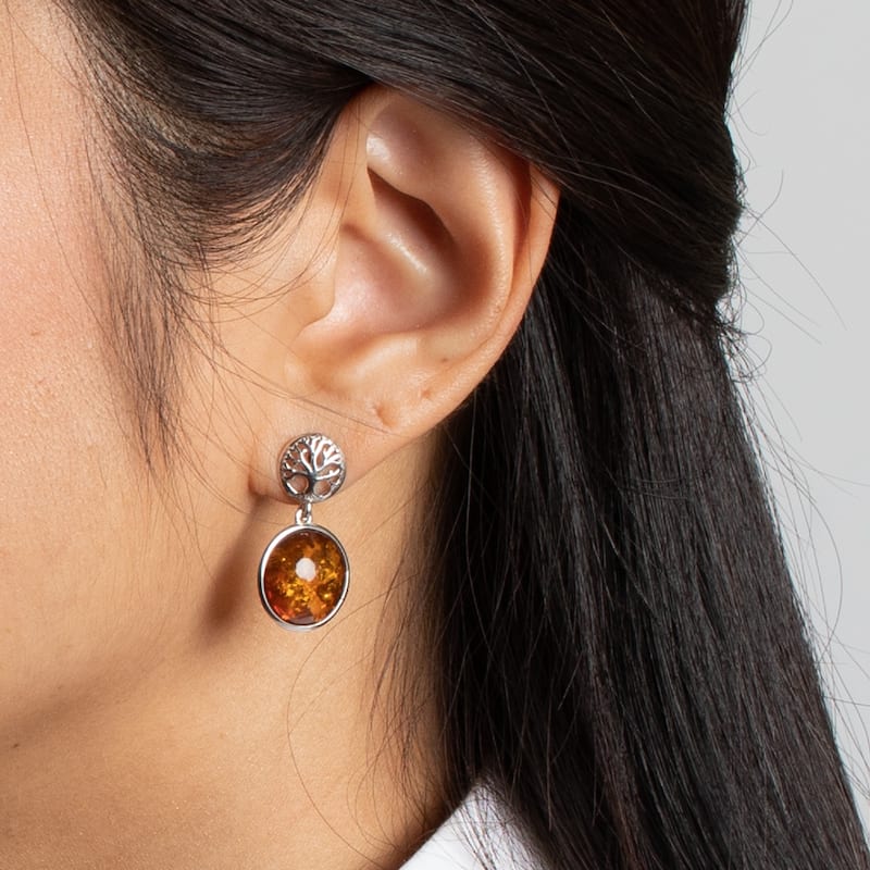 Baltic Amber Tree Design Drop Earrings in Sterling Silver