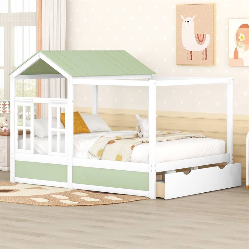 Merax House Bed with Roof, Window and Drawer