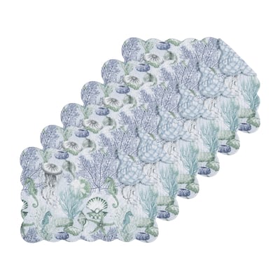 Shoreline Waters Scalloped Placemats Set of 6 Nautical Design, 13" x 19"
