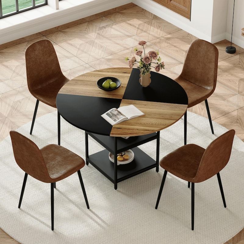 5-Piece Round Dining Table with Double Layer Storage, Wood and Black Fan Panels, Ergonomic Fabric Chairs, Anti-Slip Feet