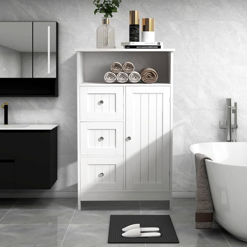 23.6"W White Bathroom Freestanding Storage Cabinet Wood Linen Cabinet - Wood Finish - White