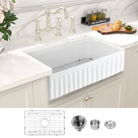 DORNBERG Fireclay 33" L X 20" W Farmhouse Kitchen Sink with Grid and Strainer