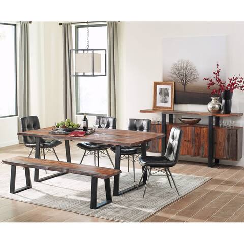 Live Edge Wood and Metal Dining Set with Tufted Leatherette Chairs and Buffet Server