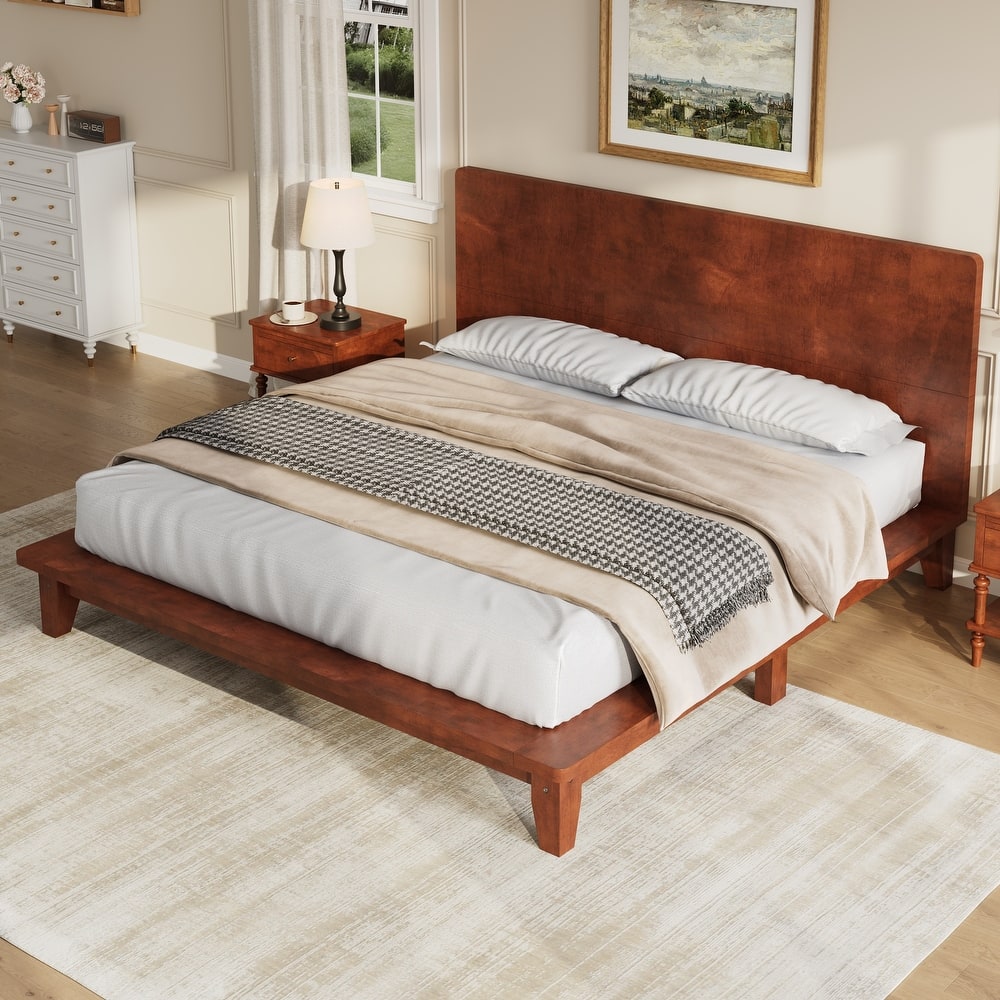 Low-Profile Platform Bed Frame with Headboard, Wood Slat Support, Wingback Panel Bed