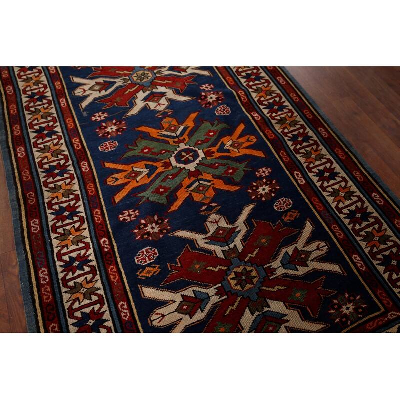 Navy Blue Geometric Kazak Vegetable Dye Wool Carpet - 3'5" x 5'2"
