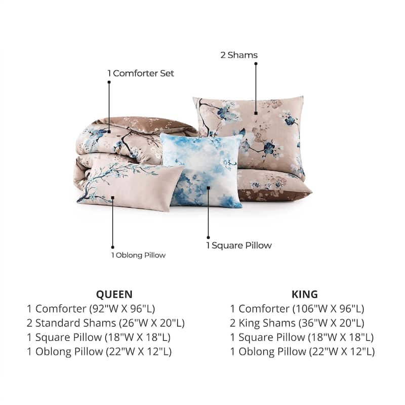 Bebejan Blue Blossom 100% Cotton Sateen 5 Piece Reversible Comforter Set