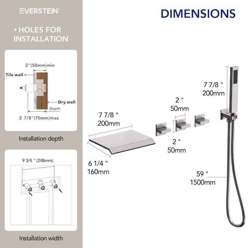 Waterfall Tub Faucet with Rough-in Valve,Wall Mounted Tub Spout with Handheld Shower