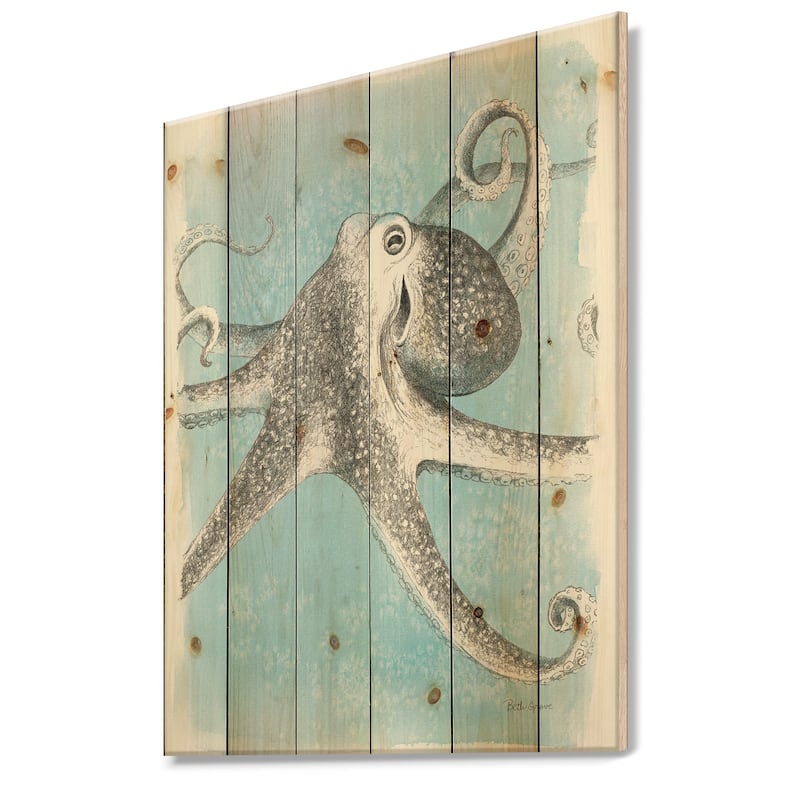 Designart 'Coastal Sea Life II octopus sketches' Nautical & Coastal Print on Natural Pine Wood - Grey